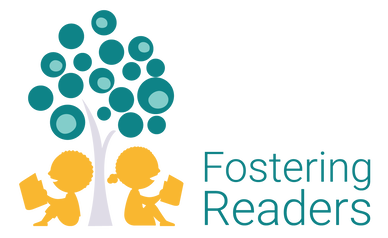 two children reading under a tree; Fostering Readers logo